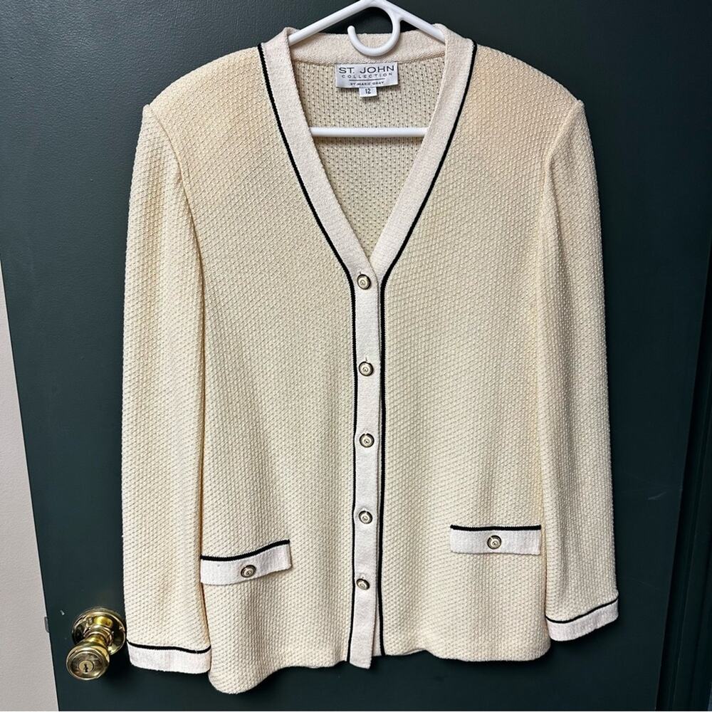St. John Collection Blazer Jacket Womens 12 Cream Button Up Santana Knit